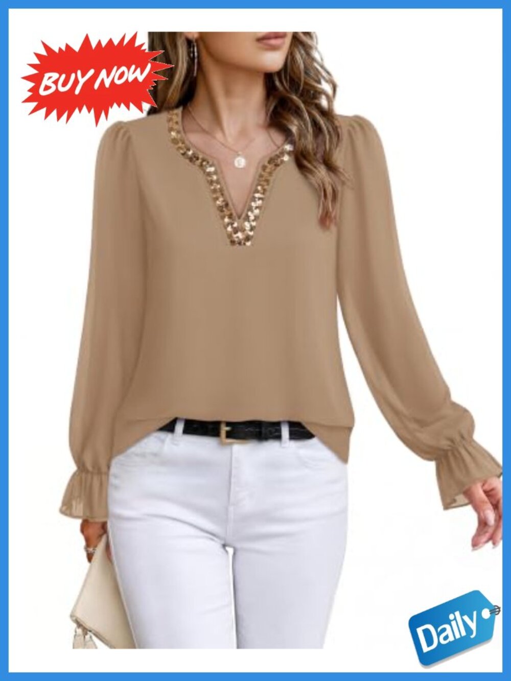 Womens Sequin V Neck Chiffon Blouse Long Sleeve Work Top